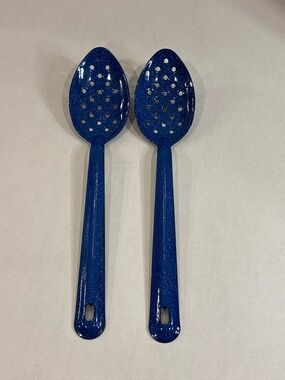 2 Vintage 12” Blue Speckled Enamel Camping Cooking Slotted Large Serving Spoons